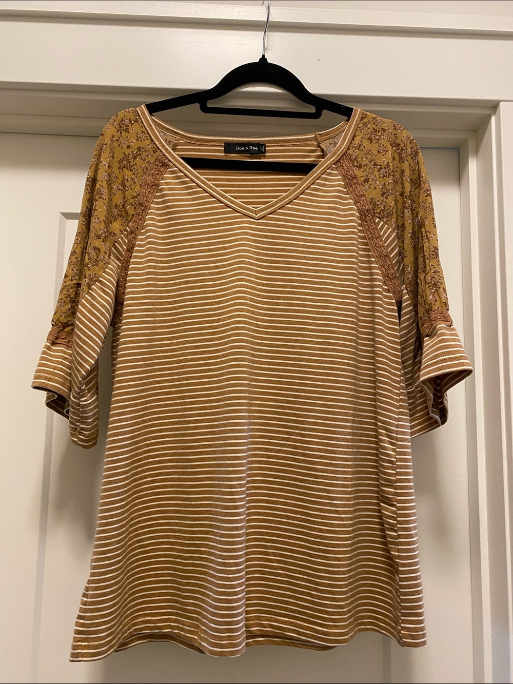 Doe & Rae Mixed Media Boho Striped Floral Top V-Neck